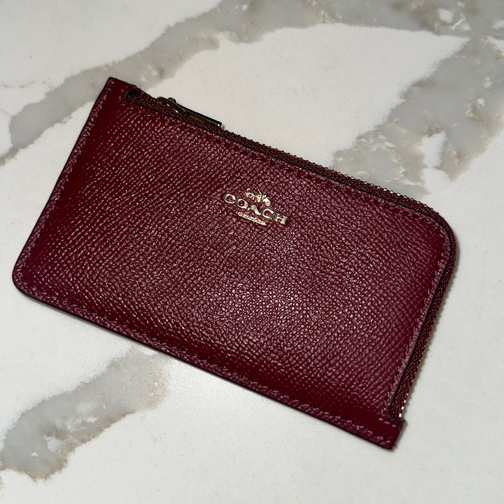 Coach Small L-Zip Card Case- Deep Red Wine